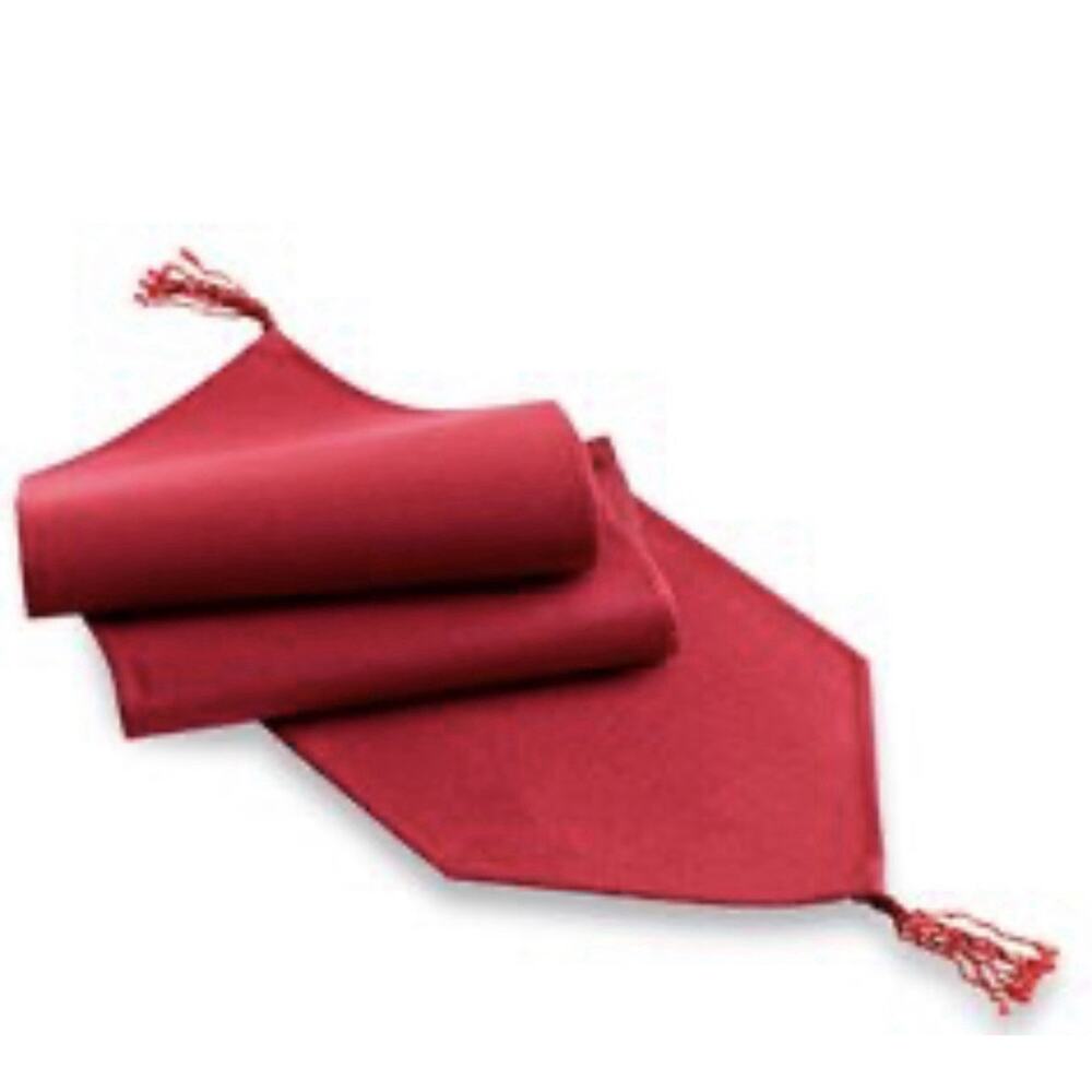 Pampered Chef Cranberry Red Glitter Table Runner Beaded Tassels 57”